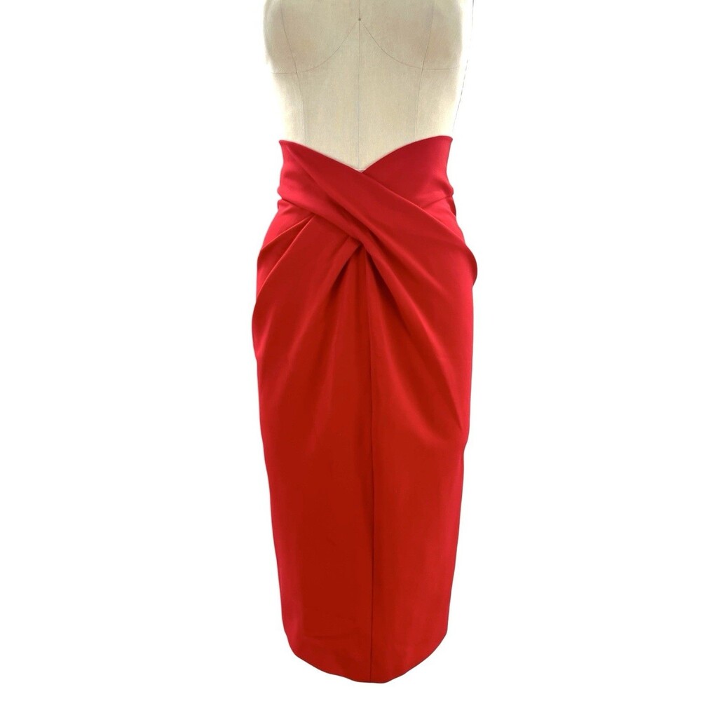 VTG Y2K Donna Karan Collection Italy Red Pencil Skirt Twist Waist Knit Sz 8 M/S